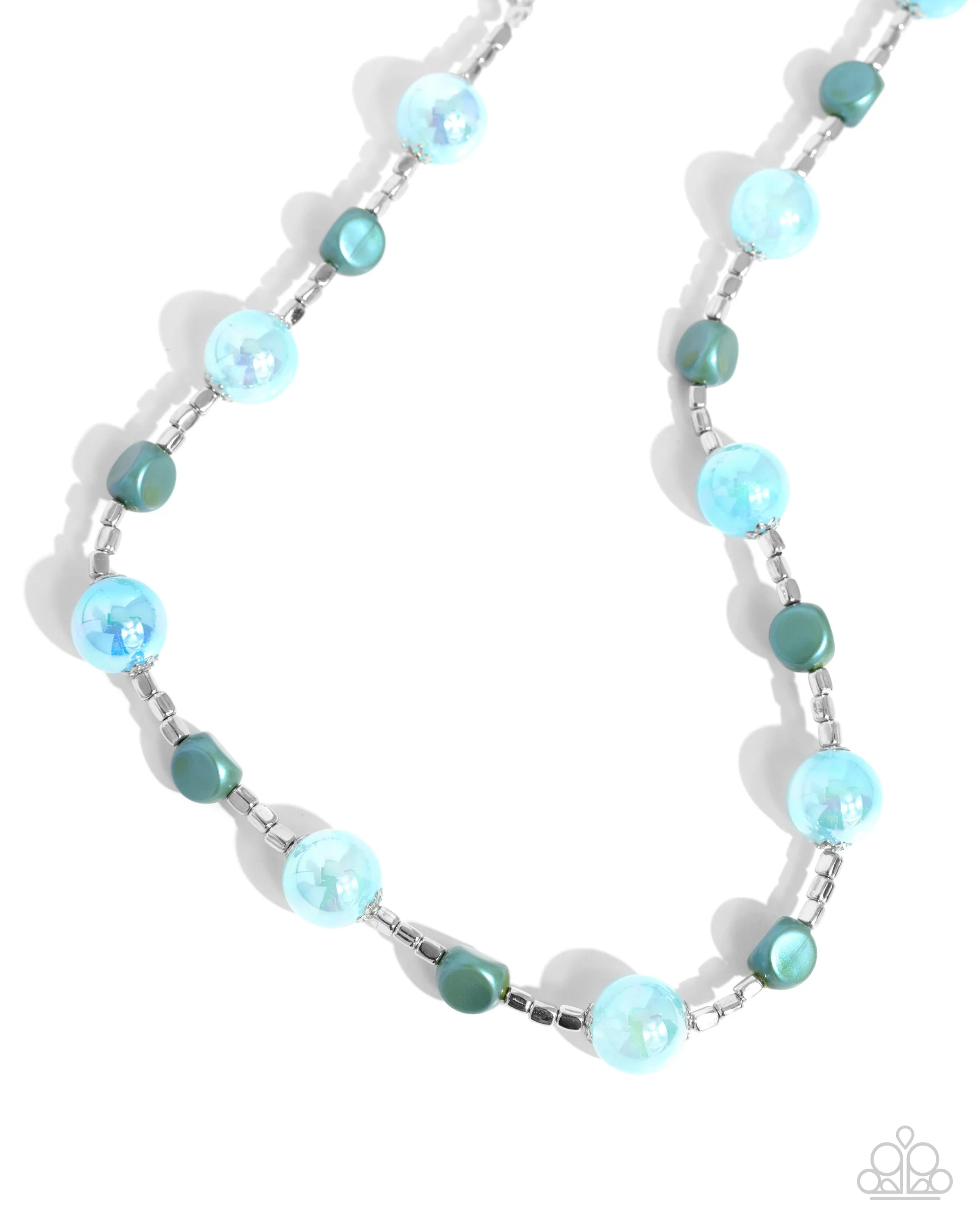 Malibu Makeover - Blue - Iridescent Bead Silver Flower Overlay Paparazzi Short Necklace