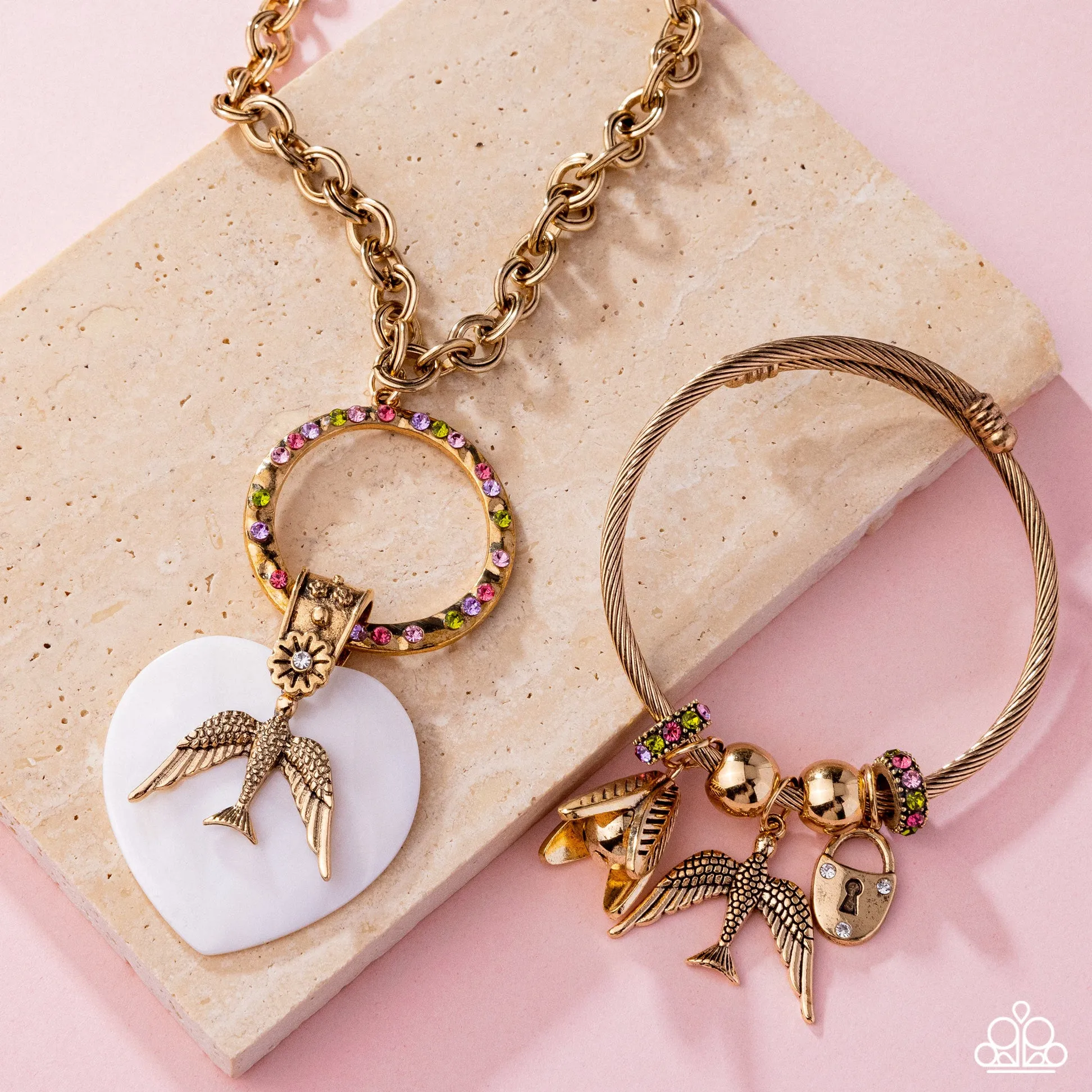 Malibu Match - Multi - Colorful Rhinestone Fold Bird Paparazzi Short Necklace - March 2025 Life of the Party Exclusive