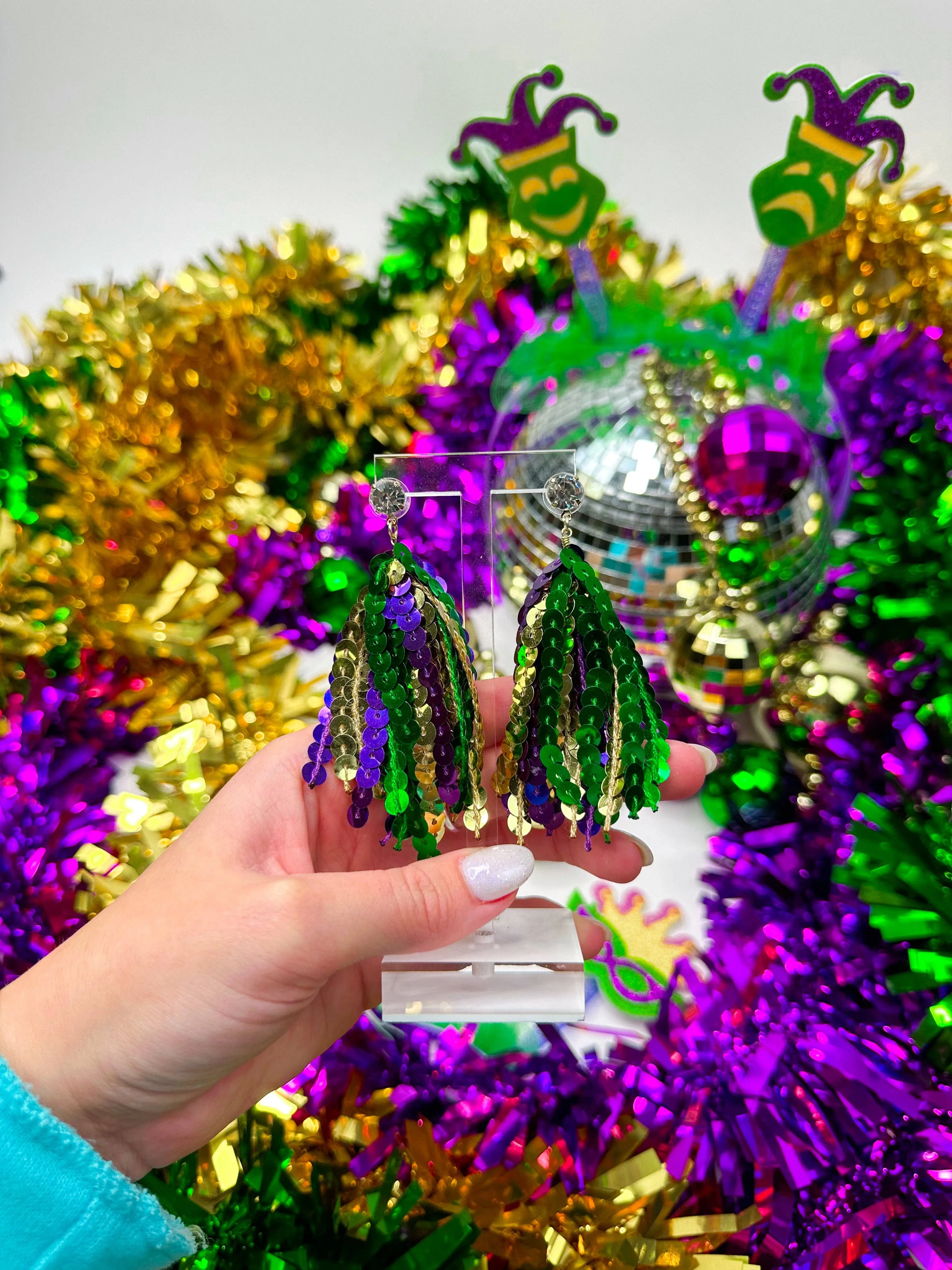Mardi Gras Sequin Tassel Earrings