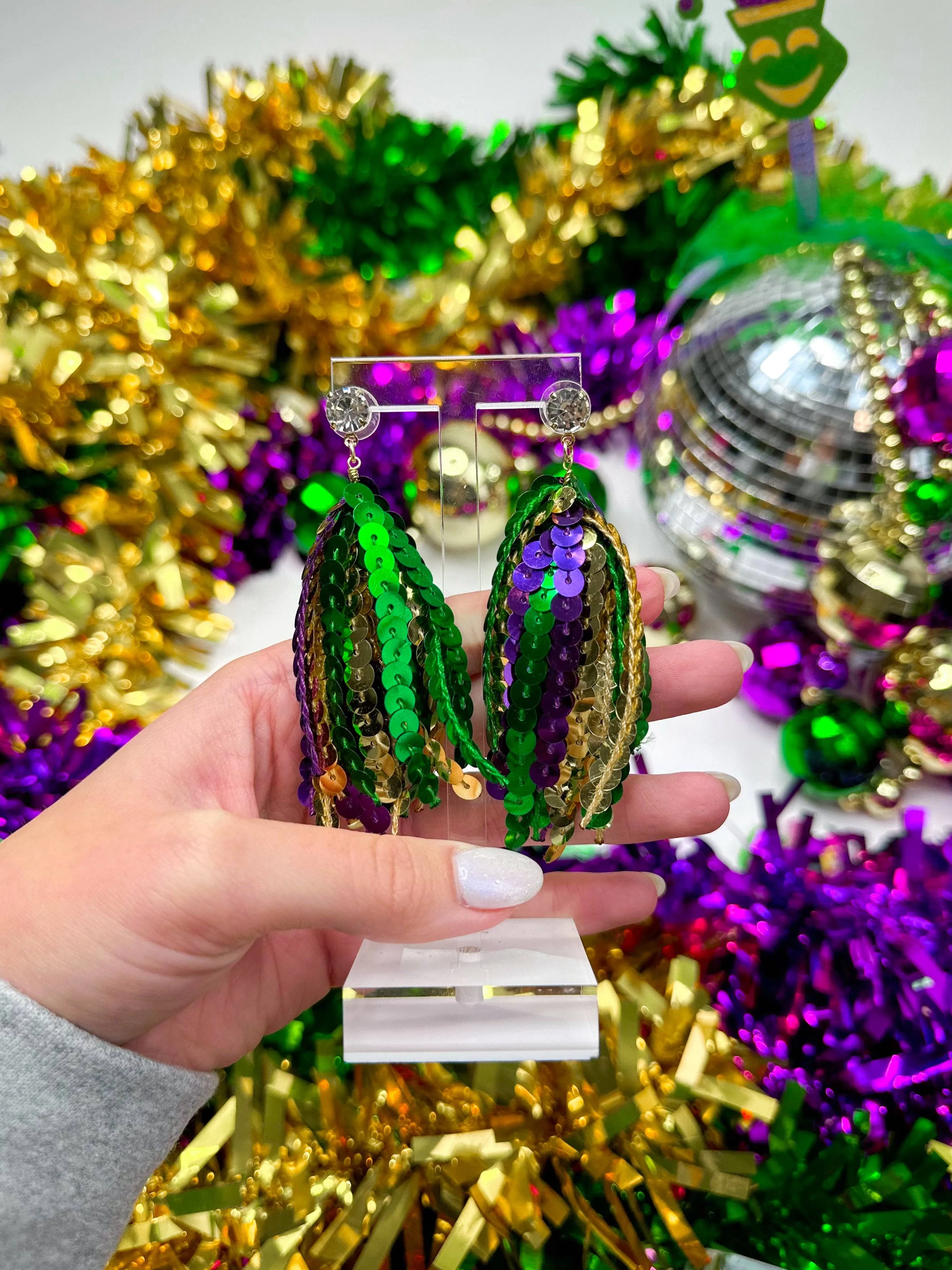 Mardi Gras Sequin Tassel Earrings