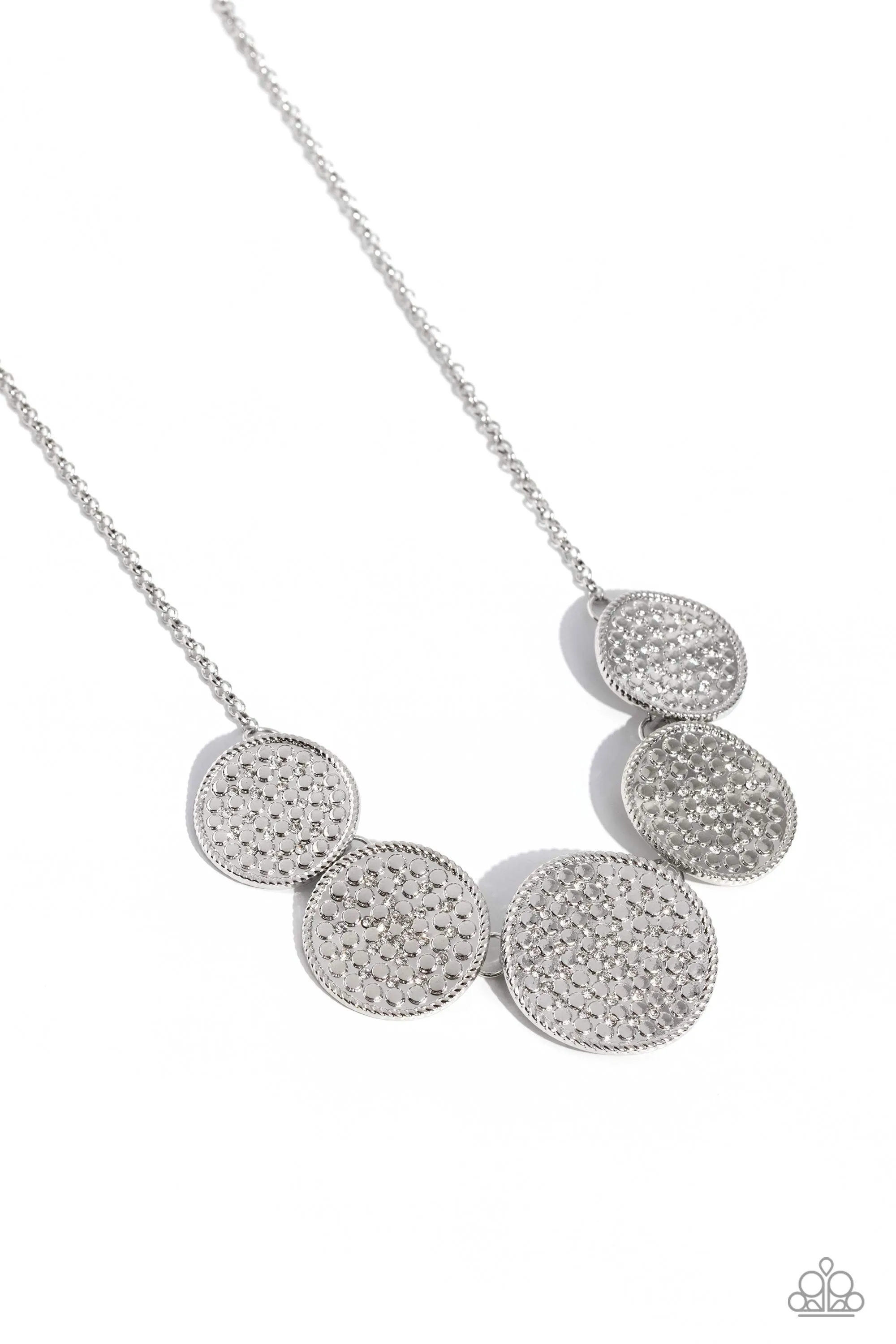 Medaled Mosaic - White - Rhinestone Encrusted Warped Silver Disc Paparazzi Short Necklace