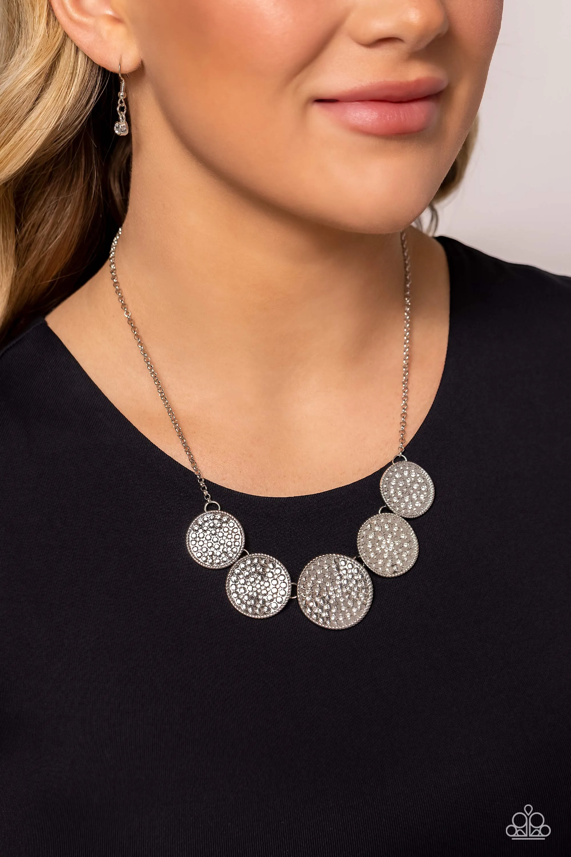 Medaled Mosaic - White - Rhinestone Encrusted Warped Silver Disc Paparazzi Short Necklace