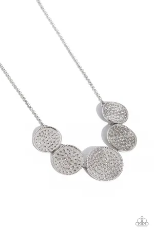Medaled Mosaic - White - Rhinestone Encrusted Warped Silver Disc Paparazzi Short Necklace