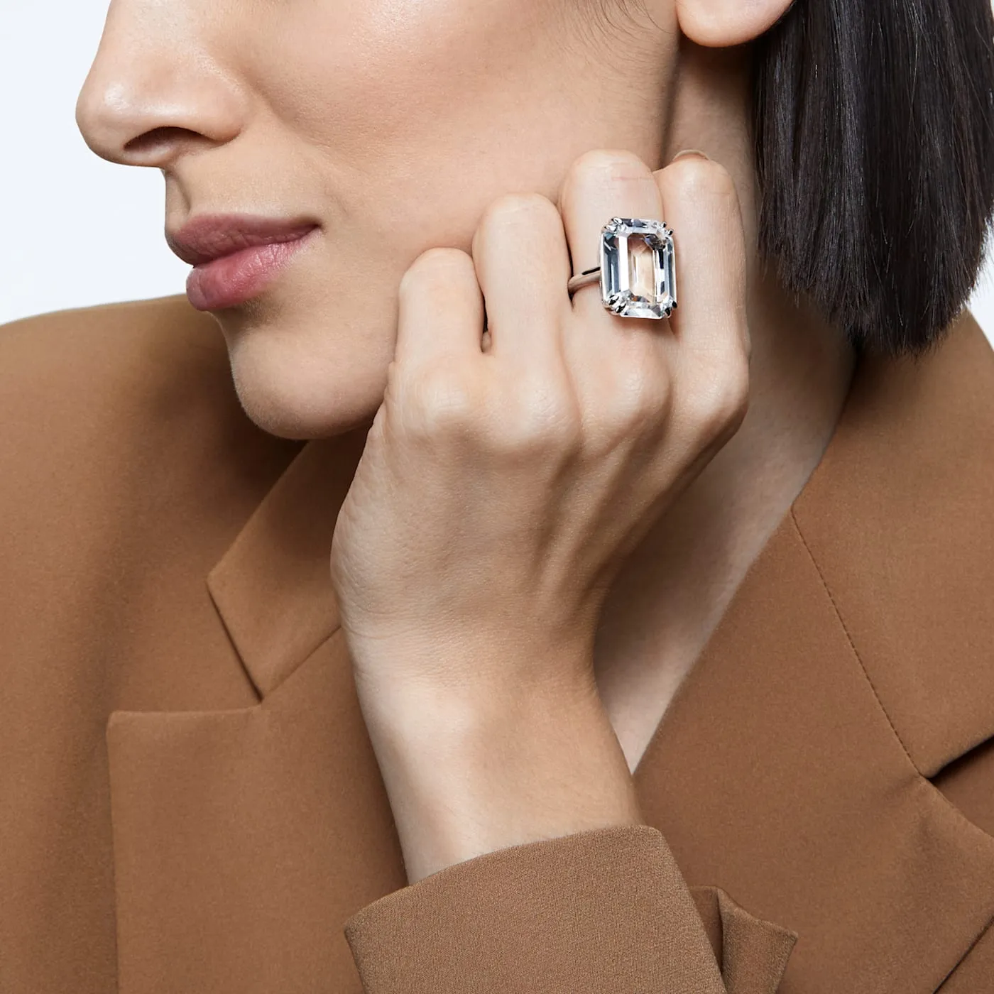 Mesmera cocktail ring Octagon cut, White, Rhodium plated