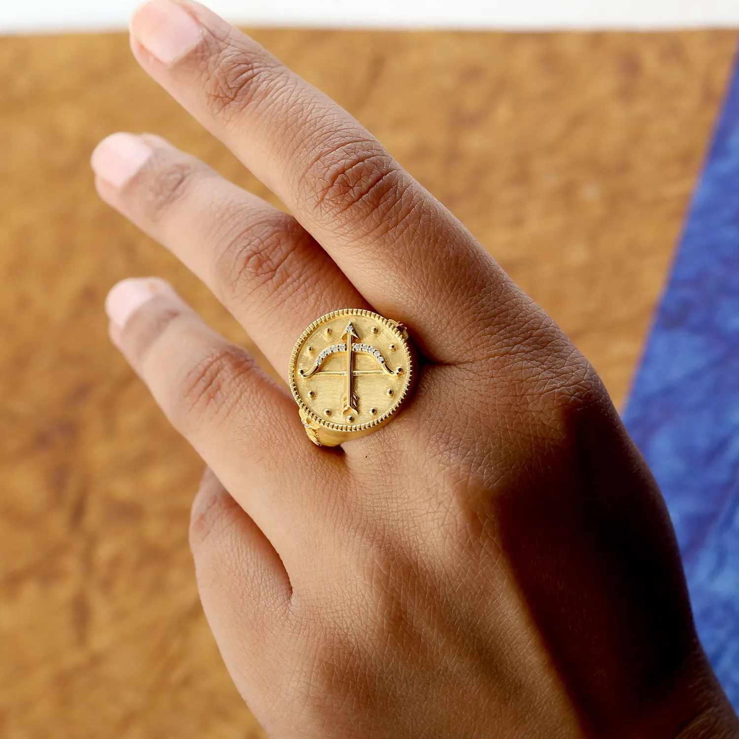 Micro Pave Diamond Sagittarius Zodiac Signet Ring In 14k Yellow Gold Gift