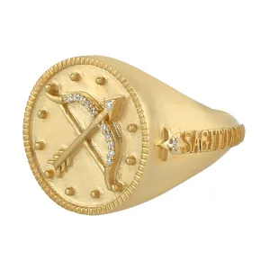 Micro Pave Diamond Sagittarius Zodiac Signet Ring In 14k Yellow Gold Gift