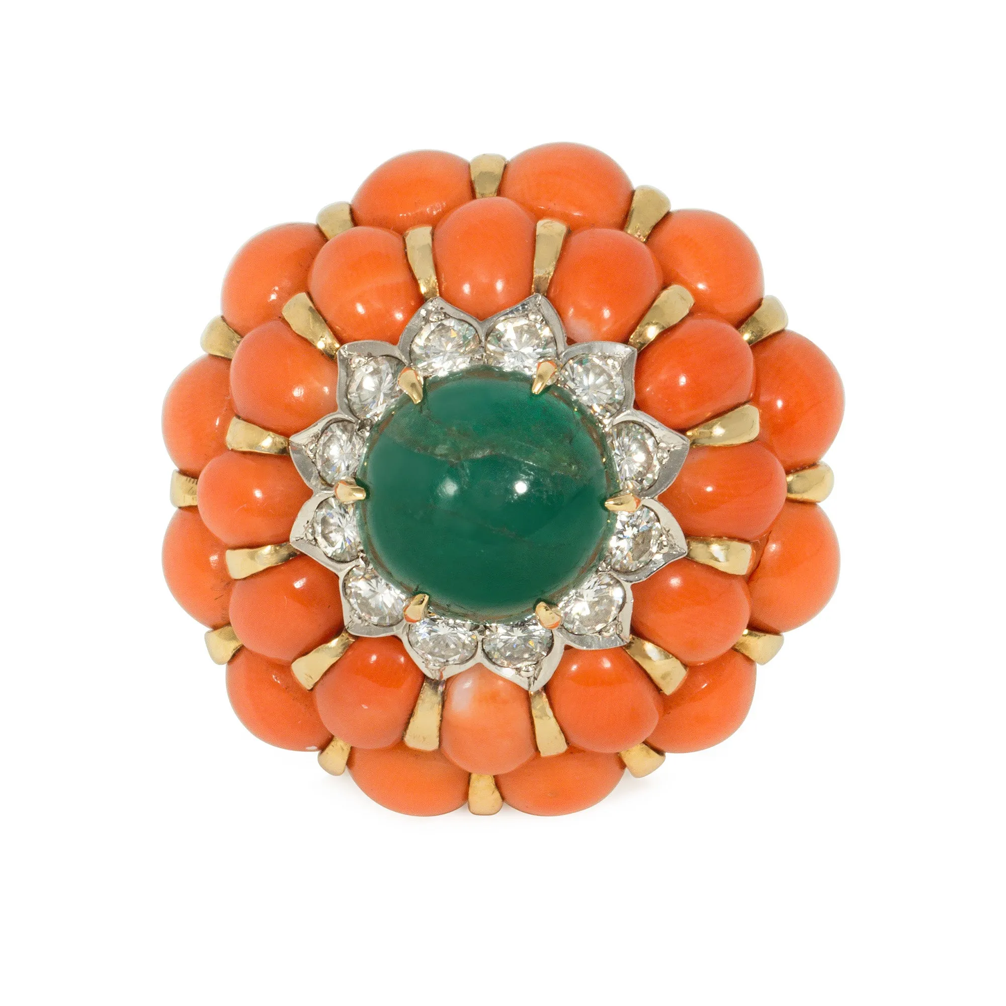Mid-Century emerald, coral, and diamond cocktail ring