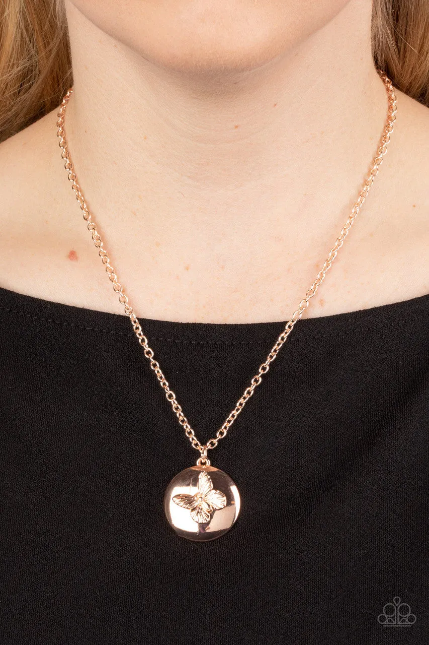 Monarch Meadow - Rose Gold - Butterfly Circle Pendant Paparazzi Short Necklace