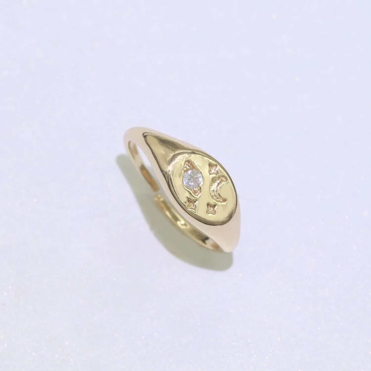 Moon Star CZ Paved Starburst Constellation Star Signet Ring, Minimalist Signet Polaris Ring, Celestial Ring O-447