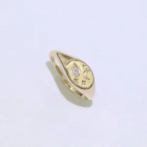 Moon Star CZ Paved Starburst Constellation Star Signet Ring, Minimalist Signet Polaris Ring, Celestial Ring O-447