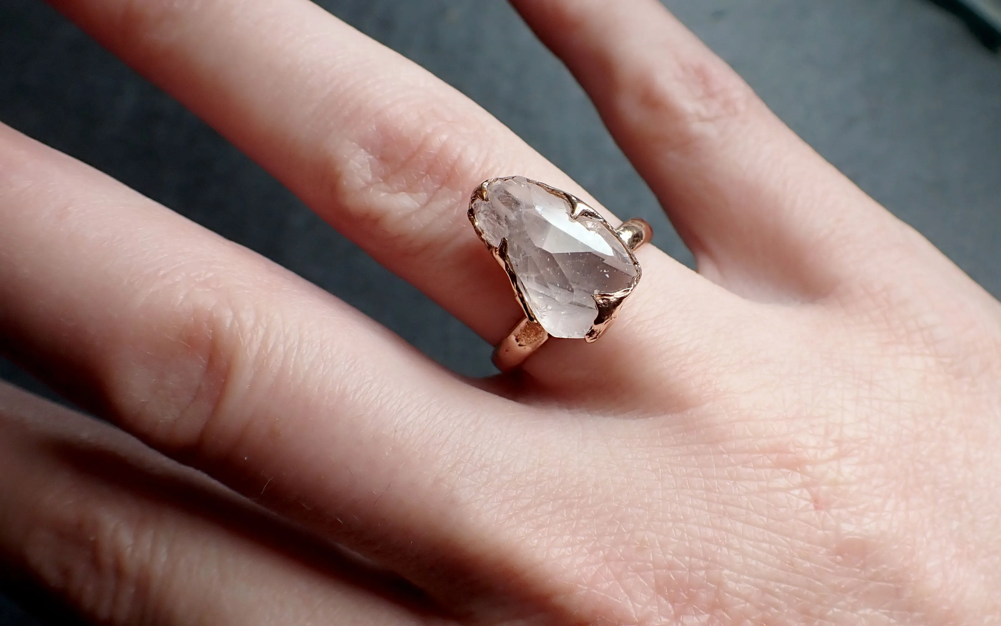 Morganite partially faceted 14k Rose gold solitaire Pink Gemstone Cocktail Ring Statement Ring gemstone Jewelry by Angeline 2498