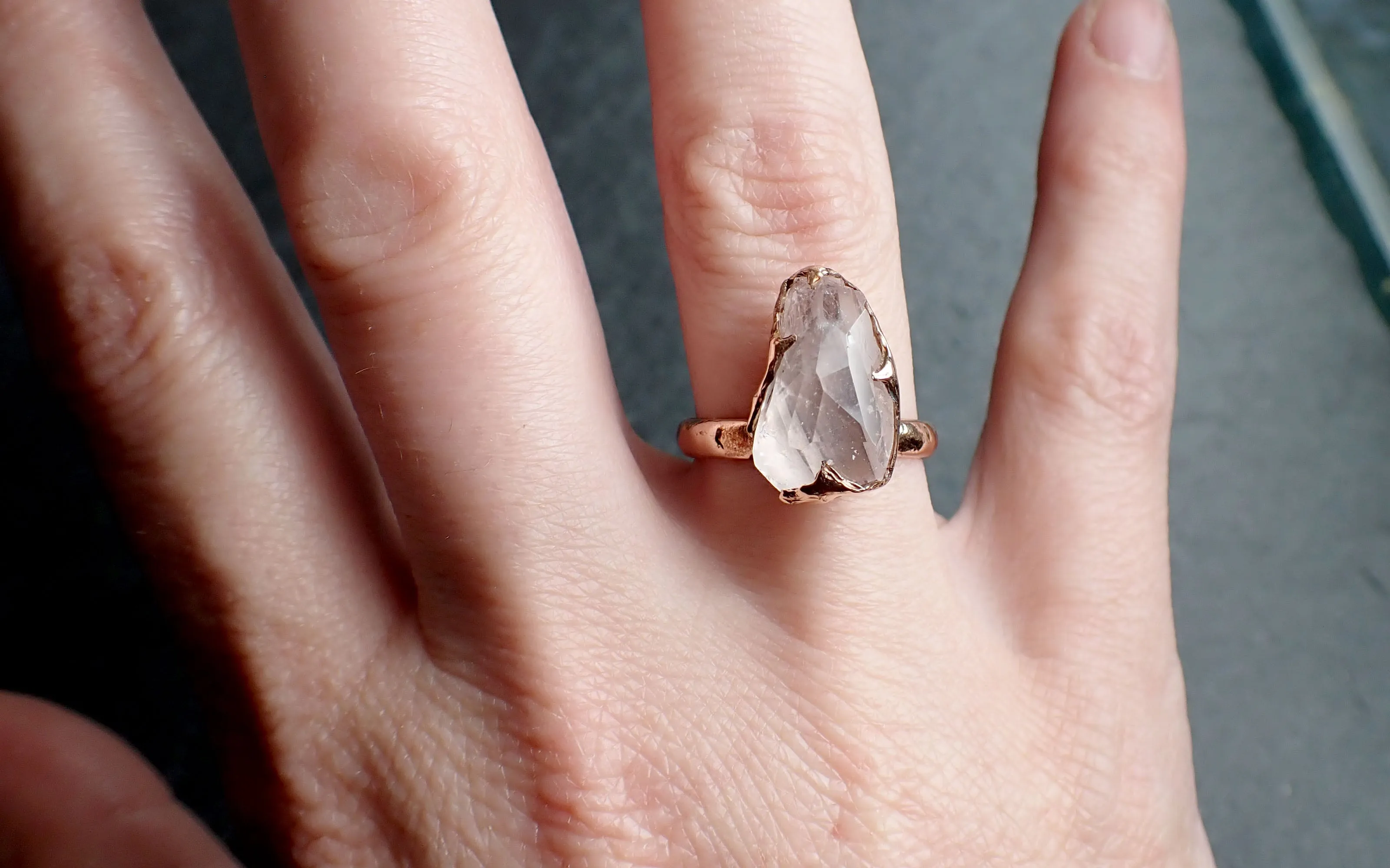 Morganite partially faceted 14k Rose gold solitaire Pink Gemstone Cocktail Ring Statement Ring gemstone Jewelry by Angeline 2498