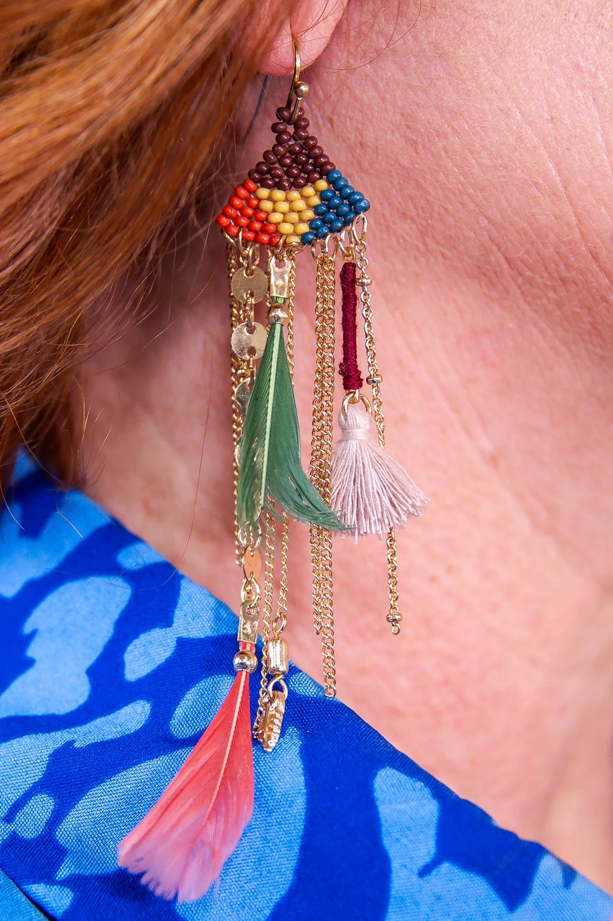 Multi Color Seed Bead/Feather/Tassel Drop Earrings - EAR4271MU