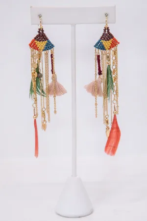Multi Color Seed Bead/Feather/Tassel Drop Earrings - EAR4271MU