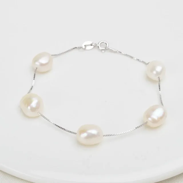 Natural Freshwater Baroque Pearl Bracelet  Genuine 925 Sterling Silver Women's Link Chain Jewelry