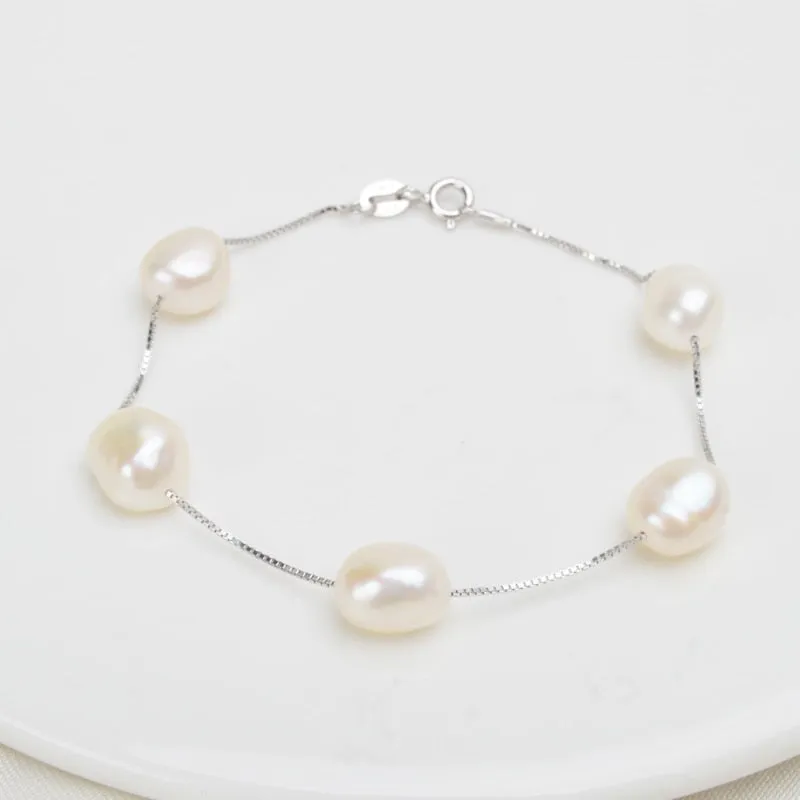 Natural Freshwater Baroque Pearl Bracelet  Genuine 925 Sterling Silver Women's Link Chain Jewelry