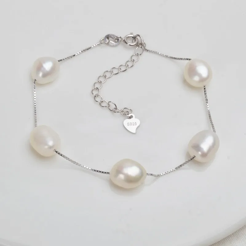 Natural Freshwater Baroque Pearl Bracelet  Genuine 925 Sterling Silver Women's Link Chain Jewelry