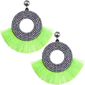 Neon Green Large Tassel Fan Rhinestone Earrings