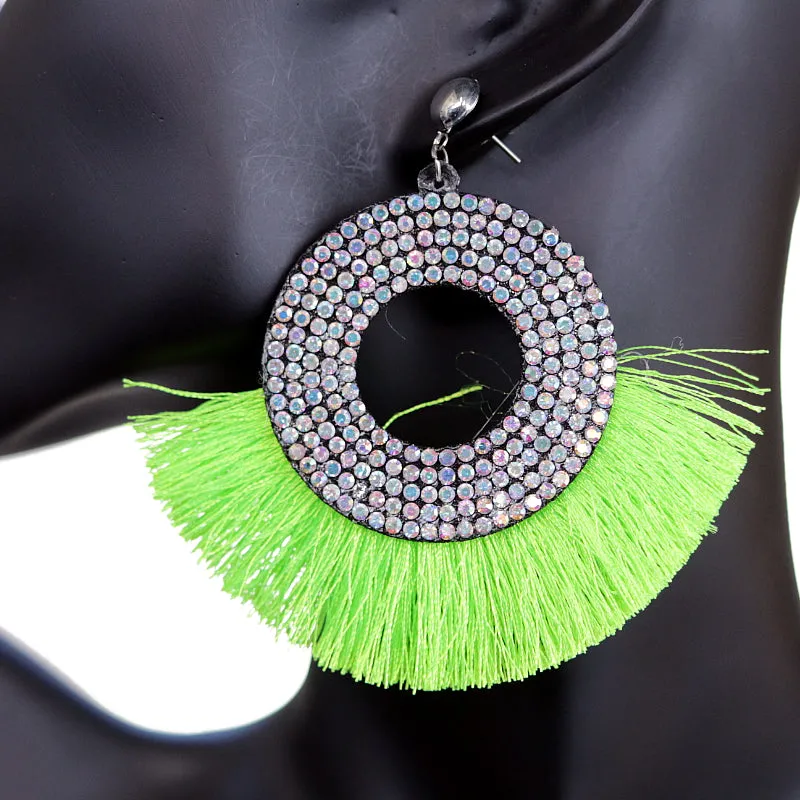 Neon Green Large Tassel Fan Rhinestone Earrings