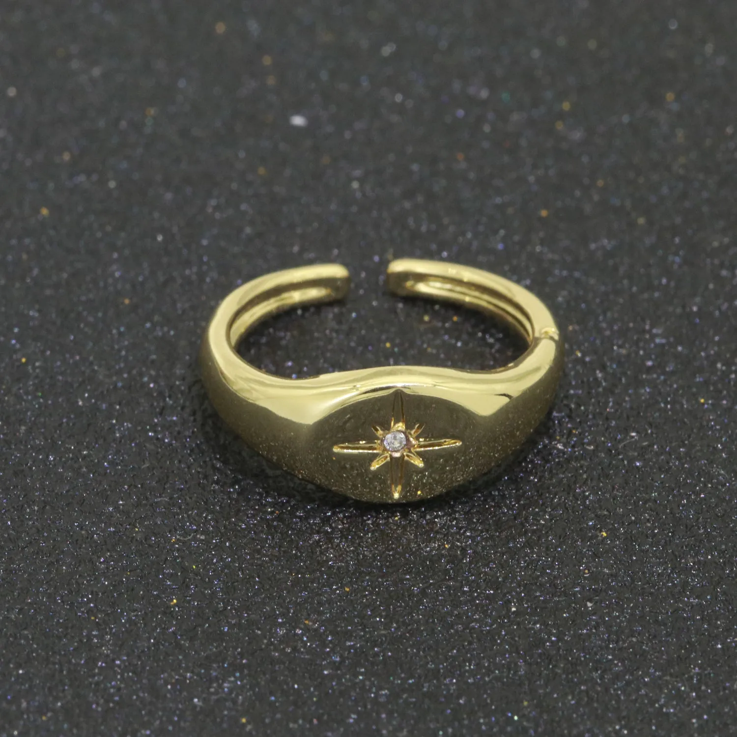 North Star CZ Paved Starburst Constellation Star Signet Ring, Minimalist Signet Polaris Ring, Celestial Jewelry S-108