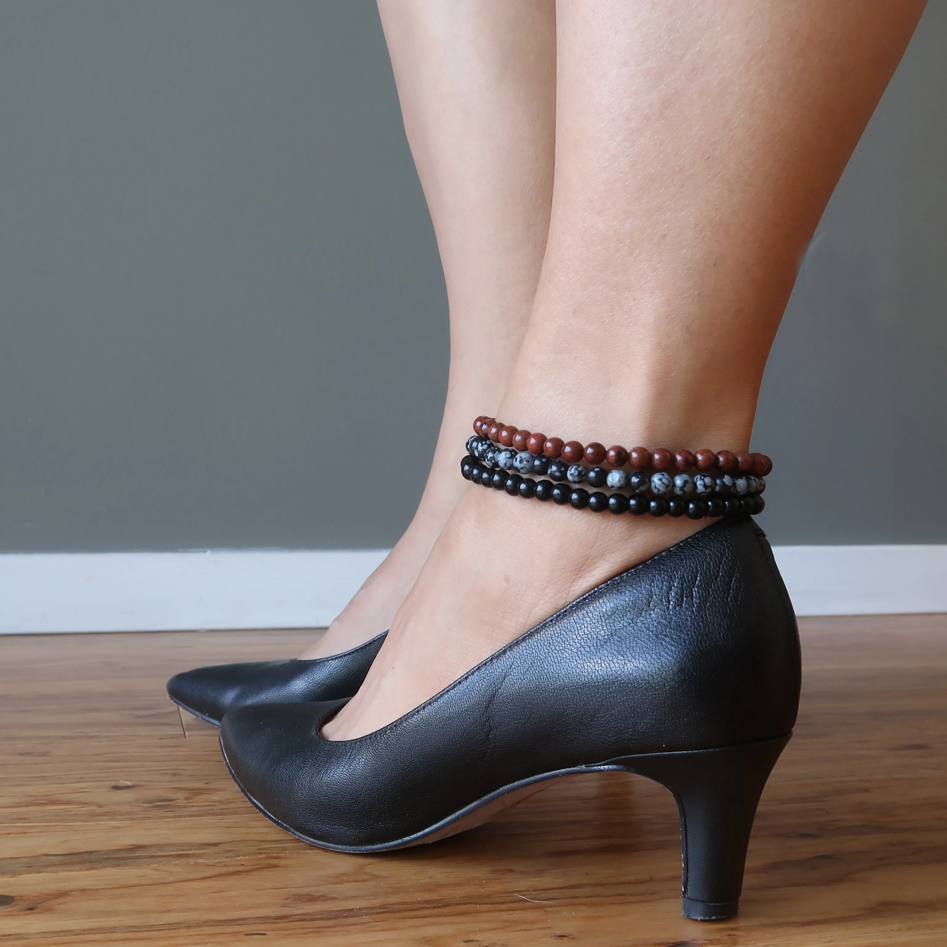 Obsidian Anklet Set Black Mahogany Snowflake Trio