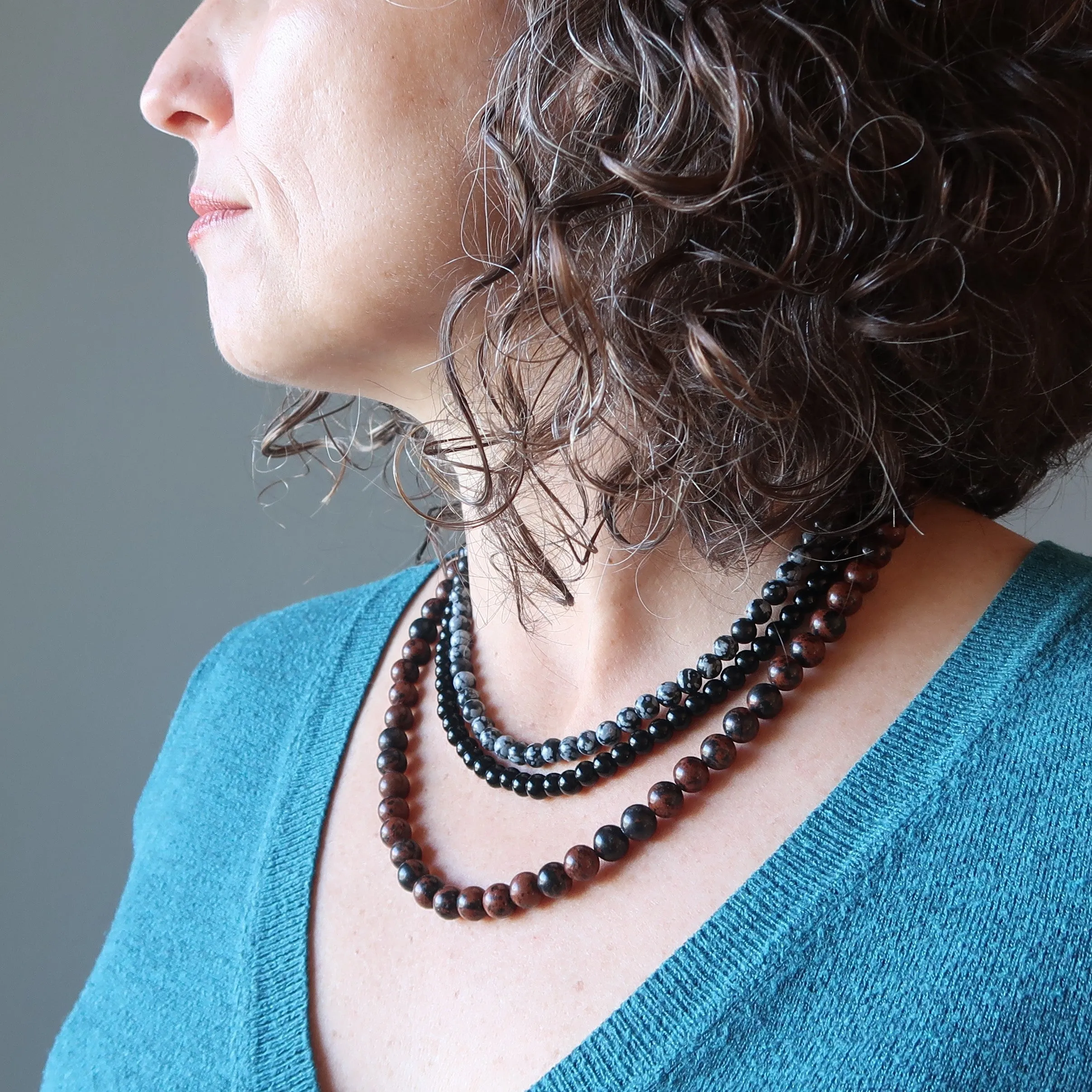 Obsidian Necklace 3-Layer Snowflake Mahogany Black
