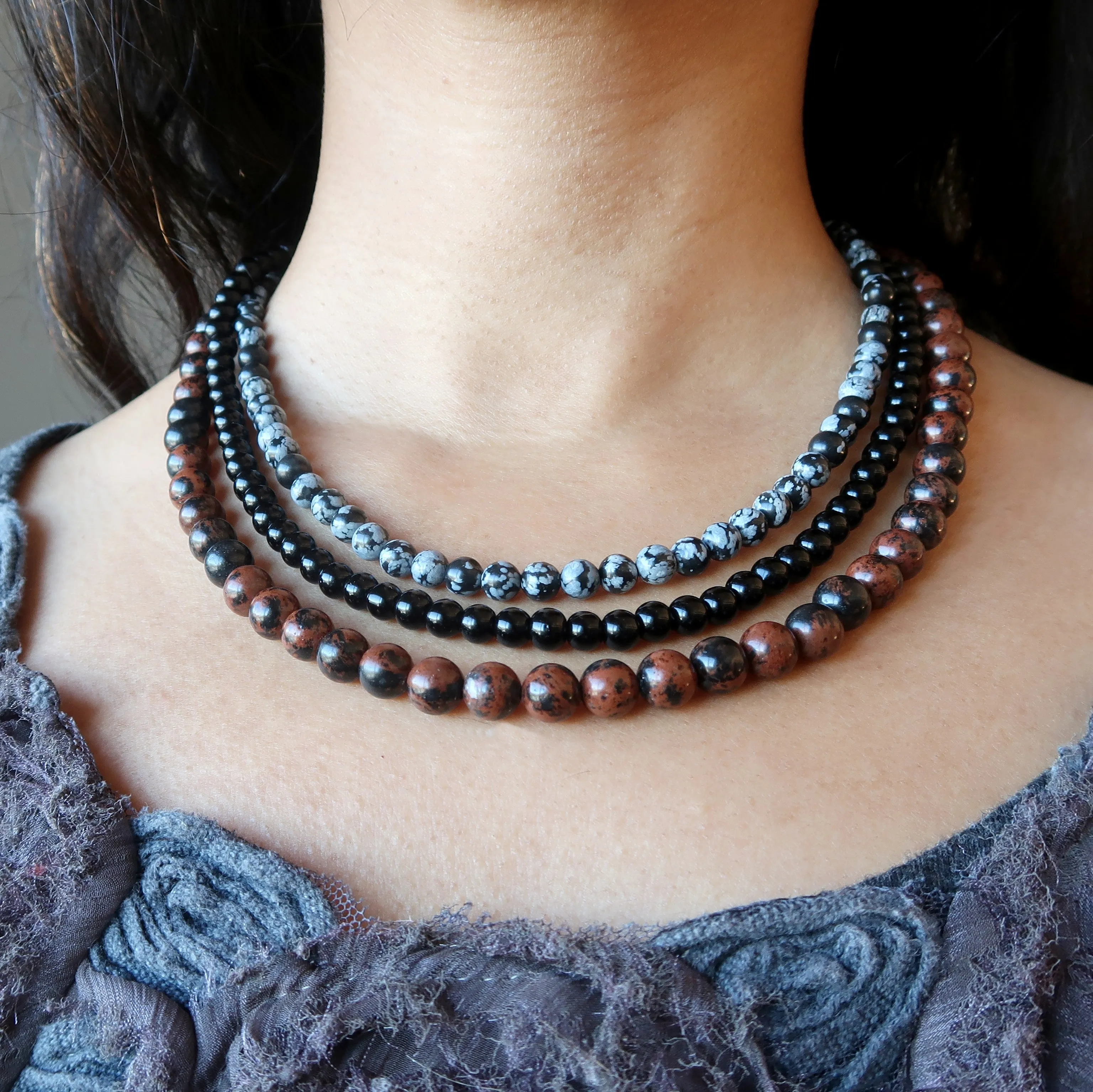Obsidian Necklace 3-Layer Snowflake Mahogany Black