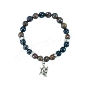 Oceanic - Axinite-Bronzite & Rainbow Obsidian Beaded Bracelet w/Turtle