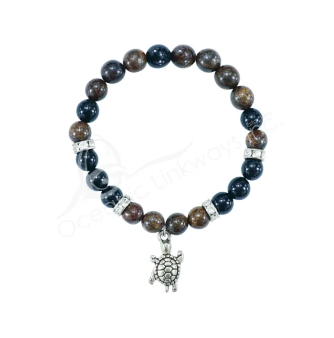 Oceanic - Axinite-Bronzite & Rainbow Obsidian Beaded Bracelet w/Turtle