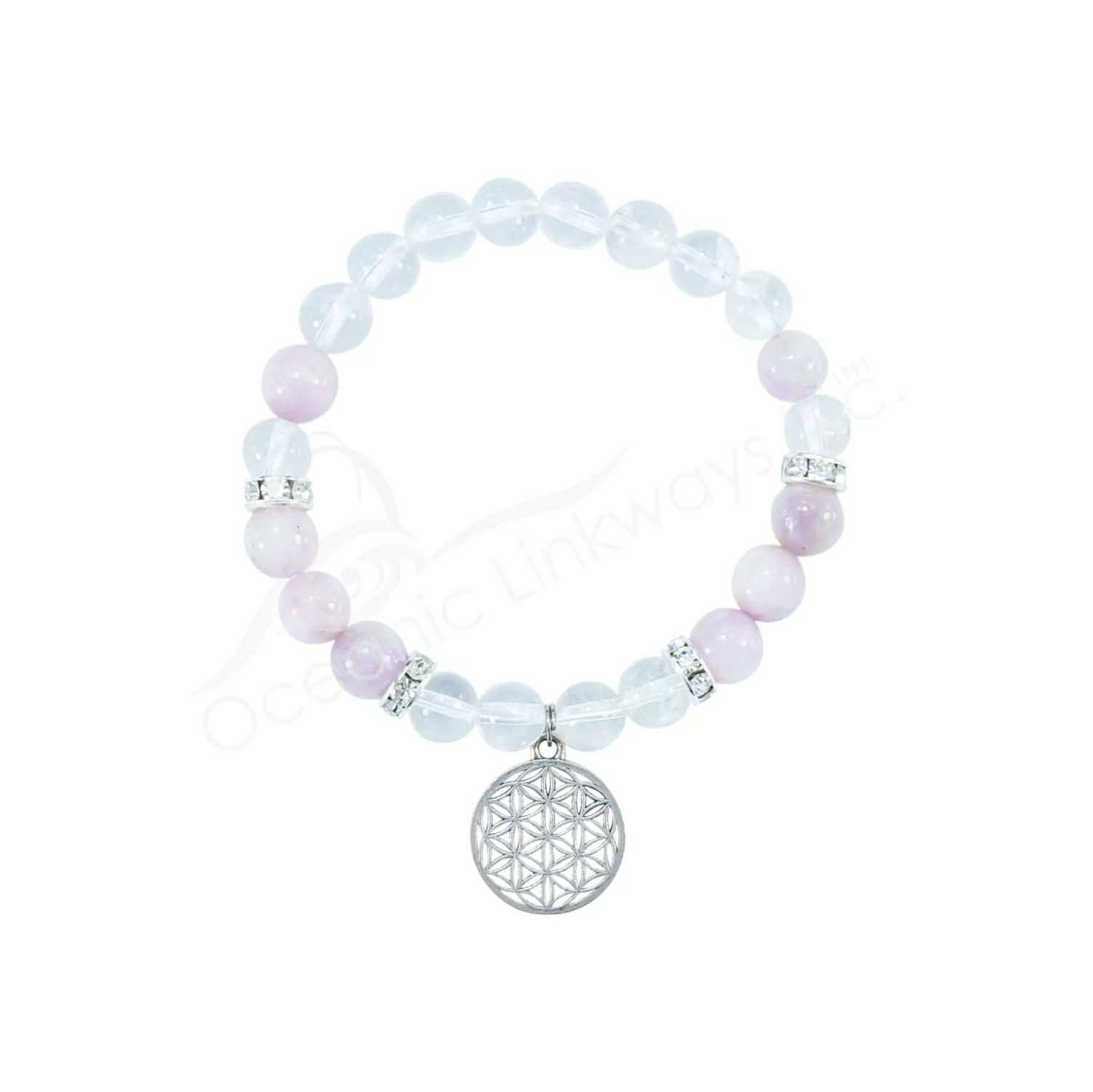 Oceanic - Clear Quartz & Kunzite Beads w/Flower of Life Bracelet