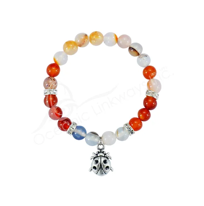 Oceanic - Dendric Agate Beaded Bracelet w/Ladybug