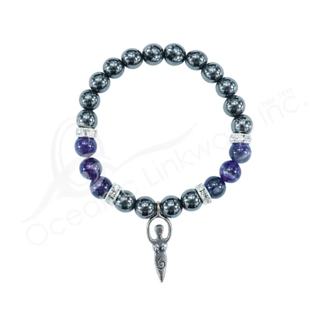 Oceanic - Hematite & Amethyst Beaded Bracelet w/Spiral Goddess