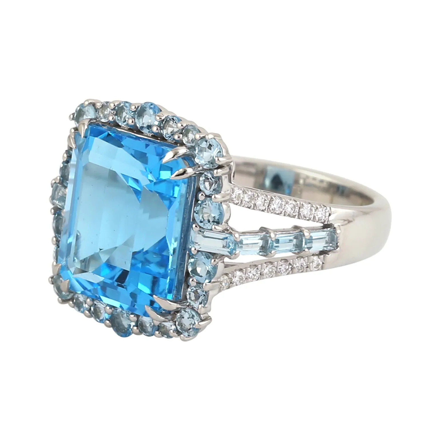 Octagon Blue Topaz Baguette Aquamarine Pave Diamond Wedding Ring In White Gold