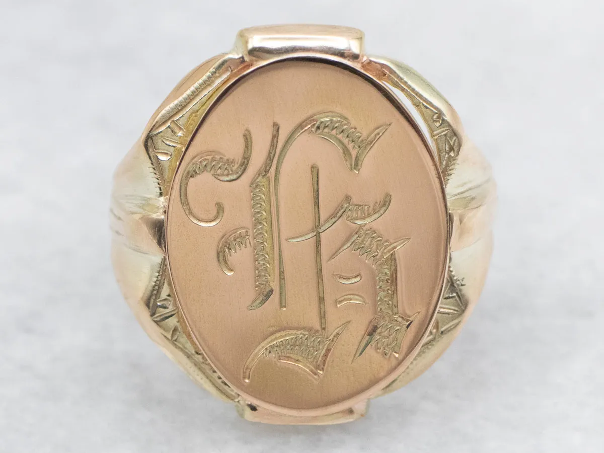 Old English Engraved Letter "H" Gold Signet Ring