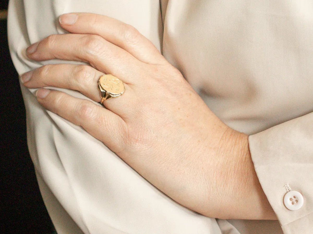 Old English Engraved Letter "H" Gold Signet Ring