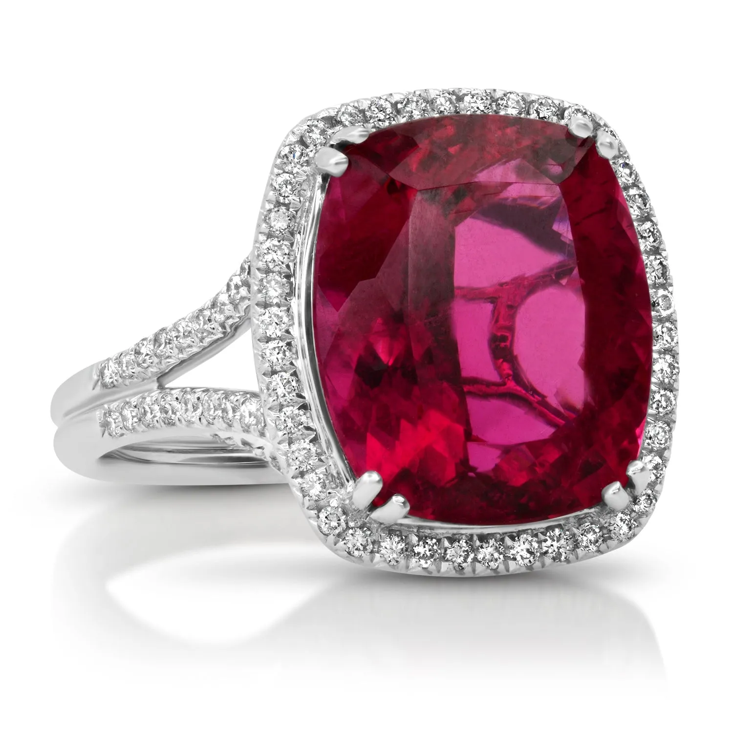 One of a Kind Cushion Cut Rubellite Ring with Diamond Halo