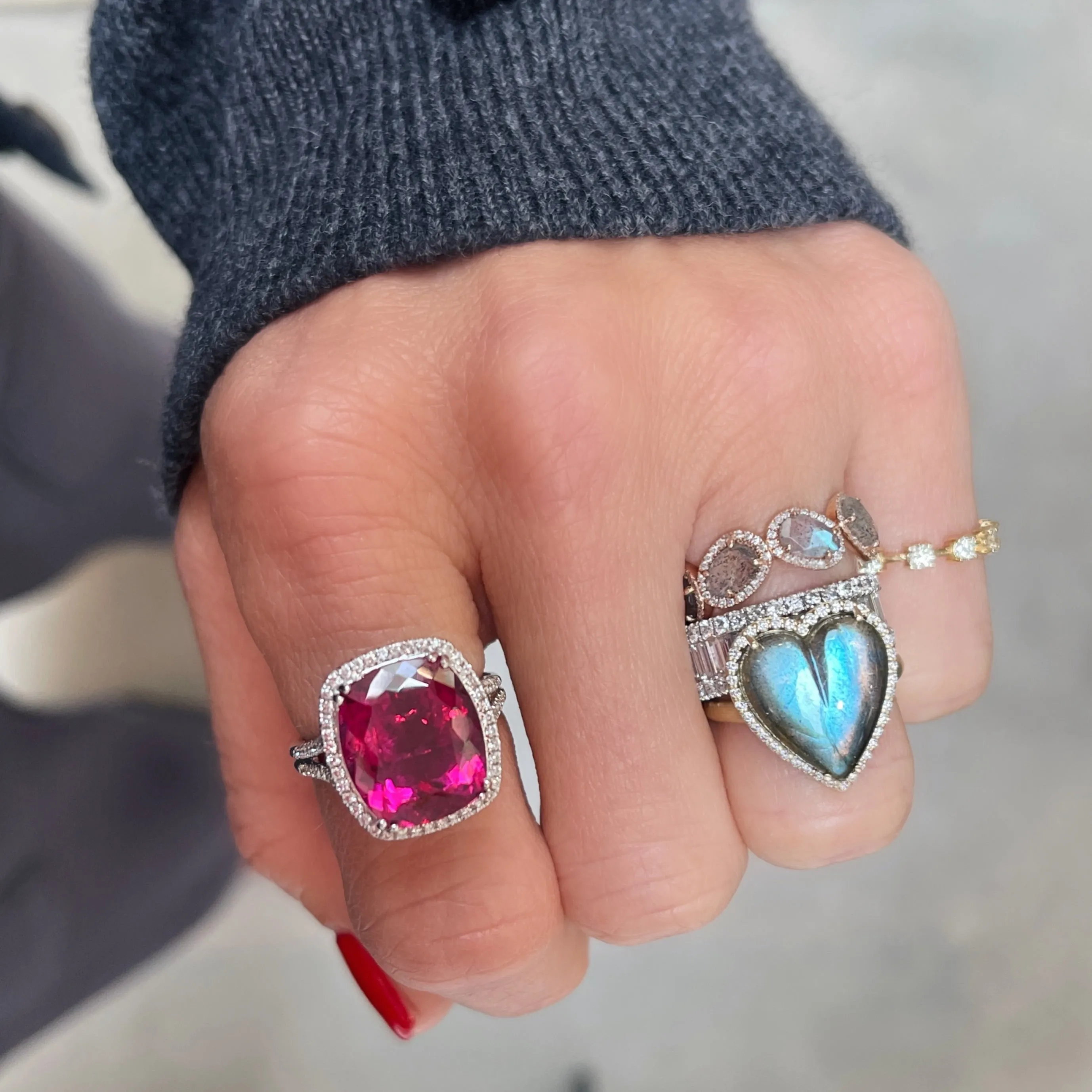 One of a Kind Cushion Cut Rubellite Ring with Diamond Halo