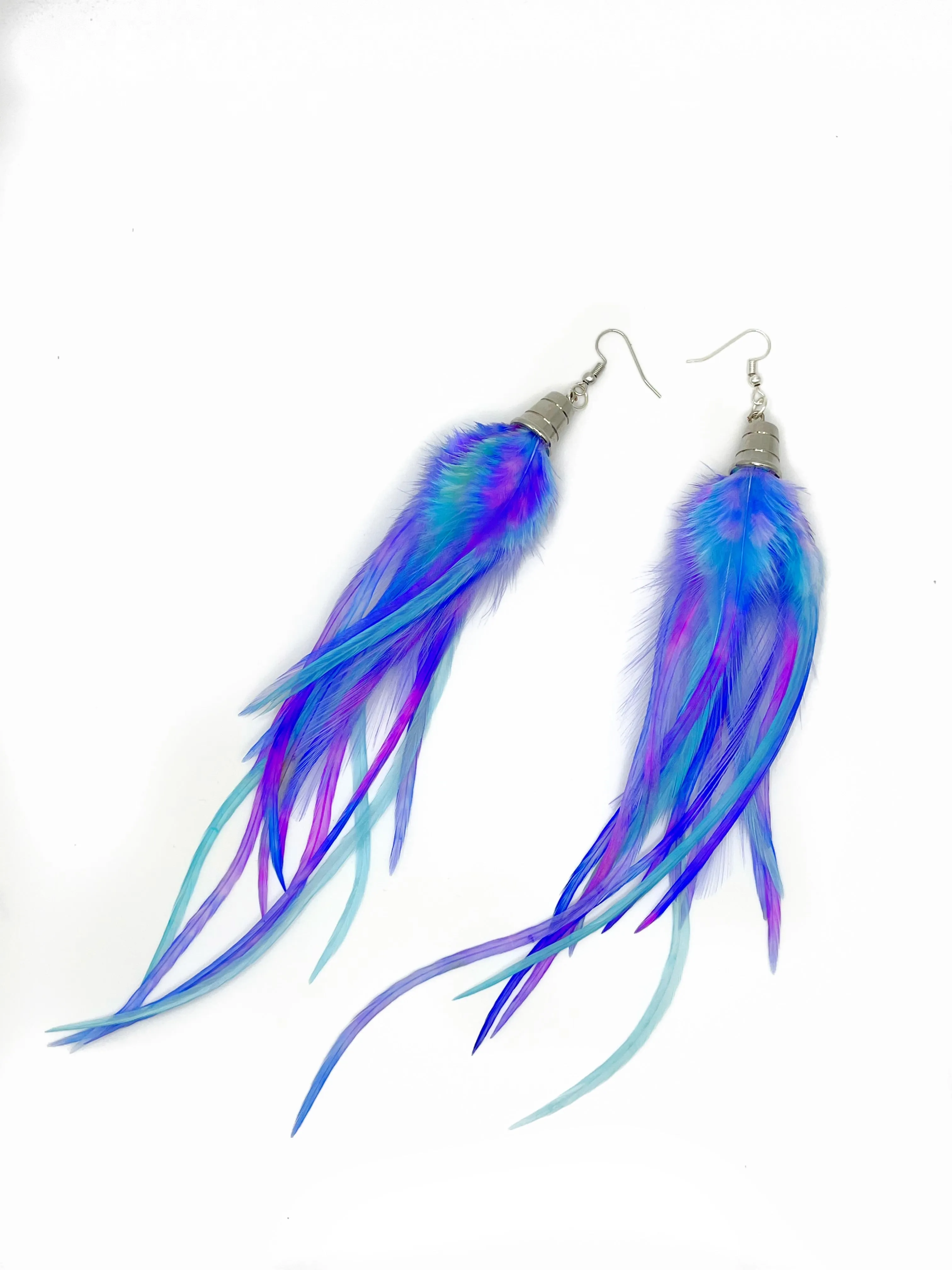 One of a Kind Long Bohemian Feather Earrings - Ocean Glimmer