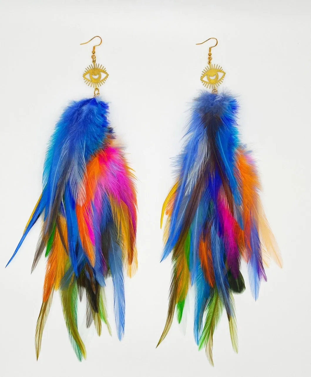 One of a Kind Long Bohemian Feather Earrings - Rainbow Tides