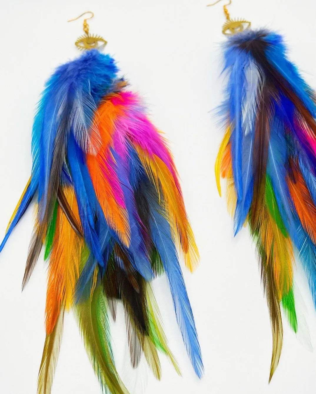 One of a Kind Long Bohemian Feather Earrings - Rainbow Tides