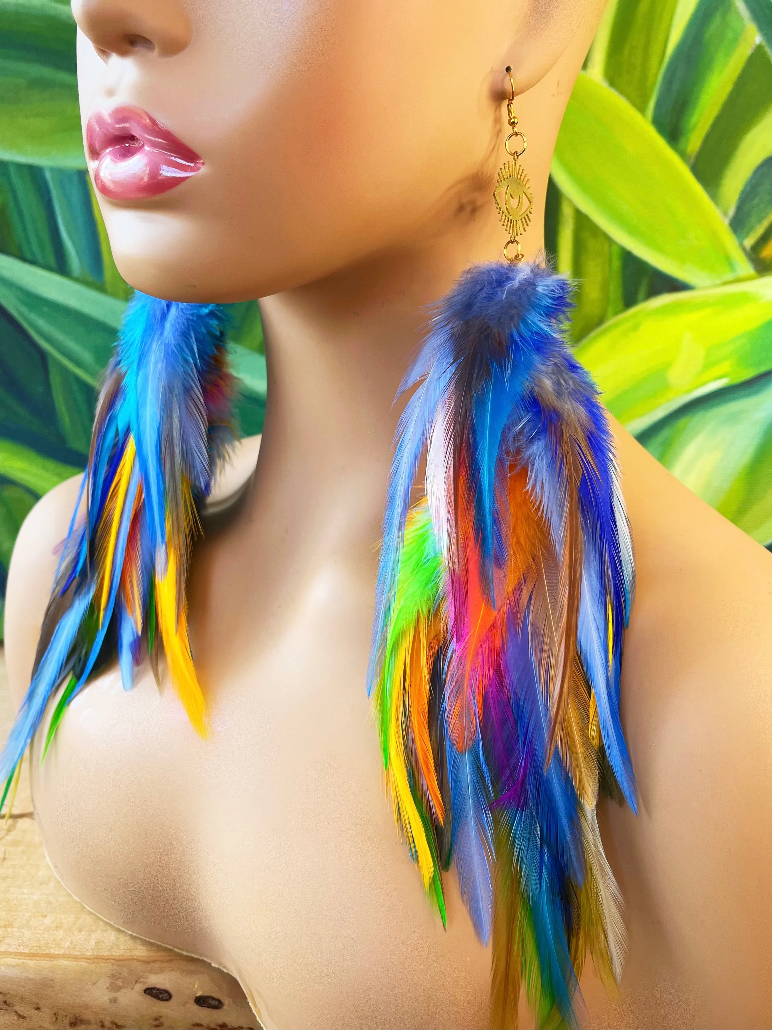 One of a Kind Long Bohemian Feather Earrings - Rainbow Tides