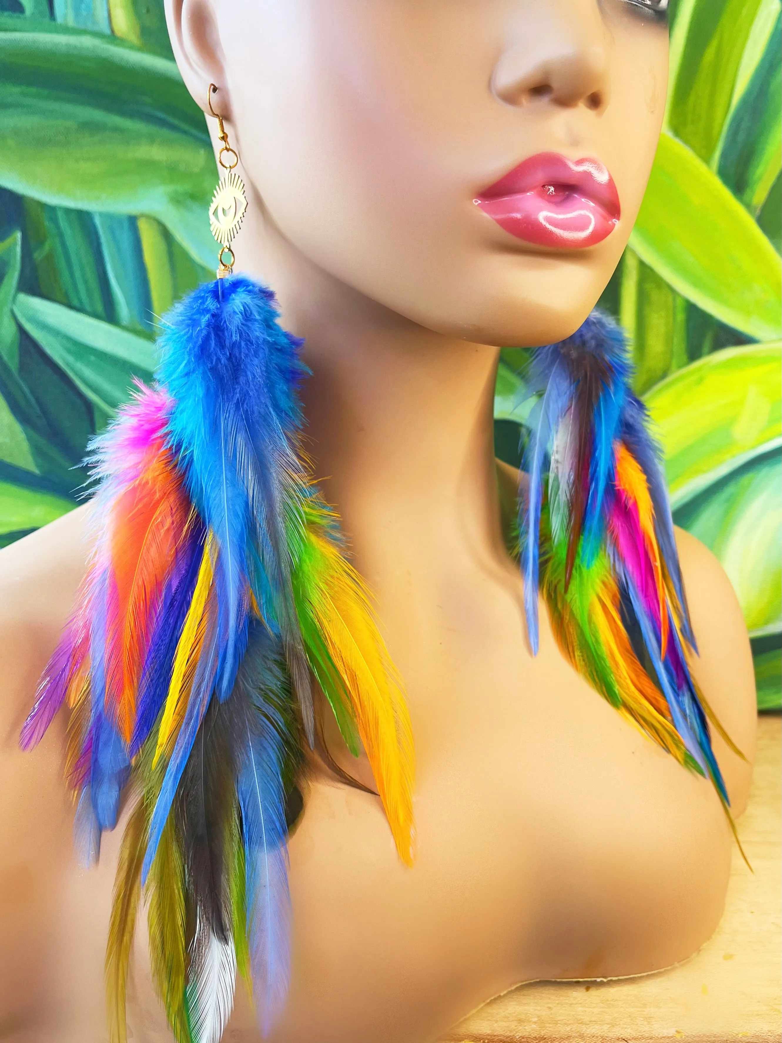 One of a Kind Long Bohemian Feather Earrings - Rainbow Tides