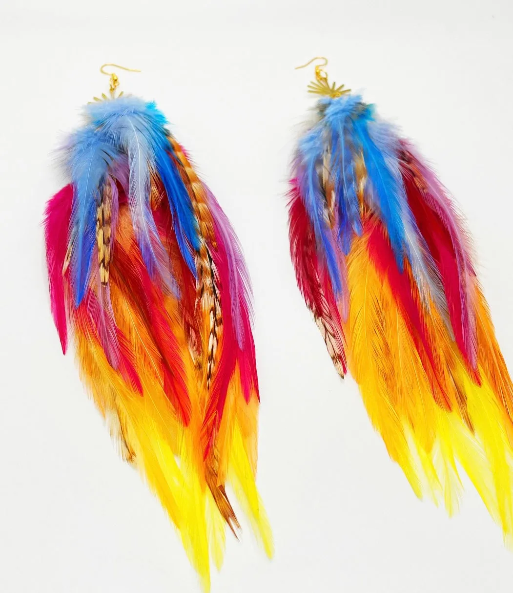 One of a Kind Long Bohemian Feather Earrings - Sherbet Dusk