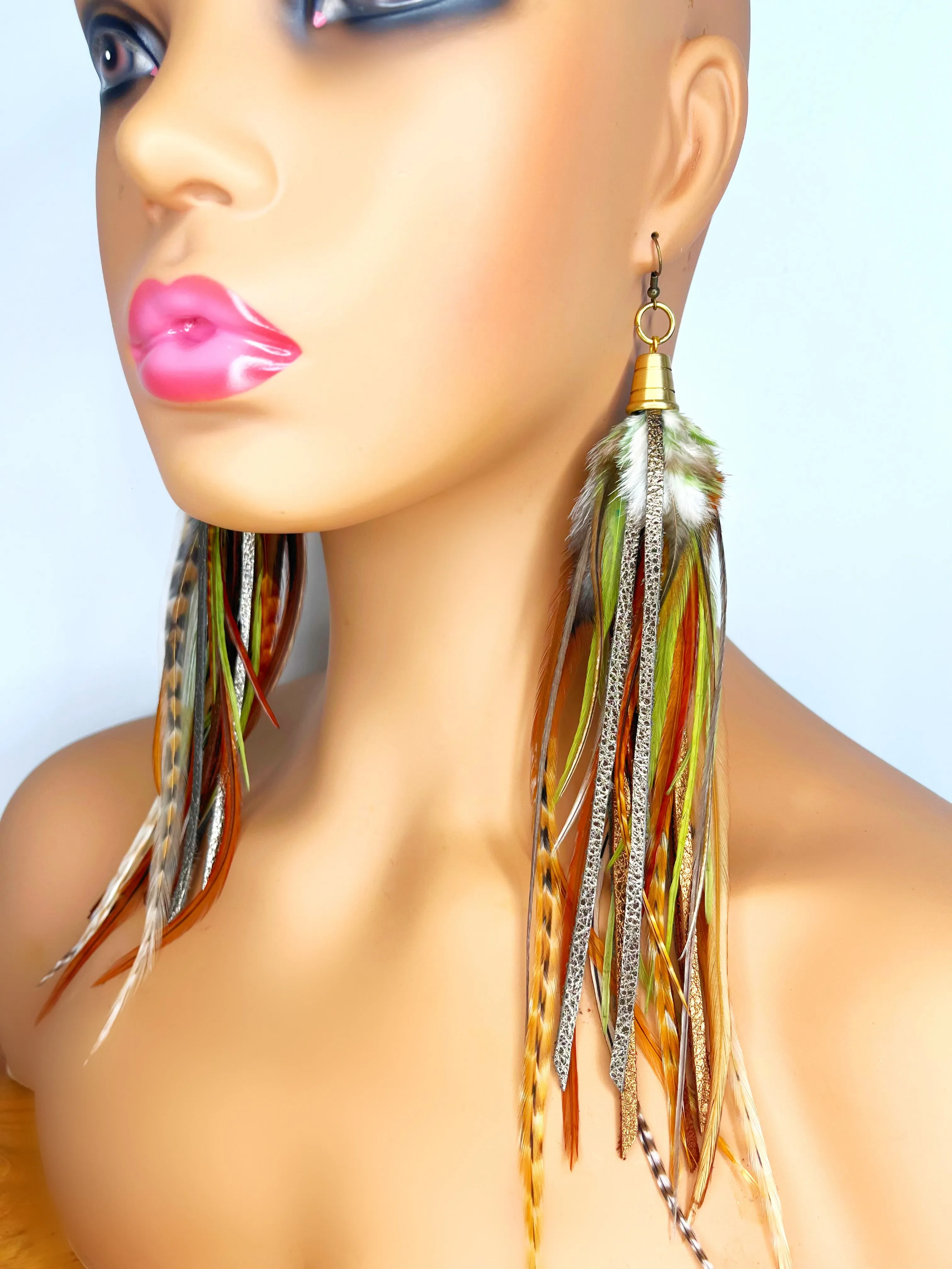 One of a Kind Long Feather & Leather Earrings - Jungle Camouflage