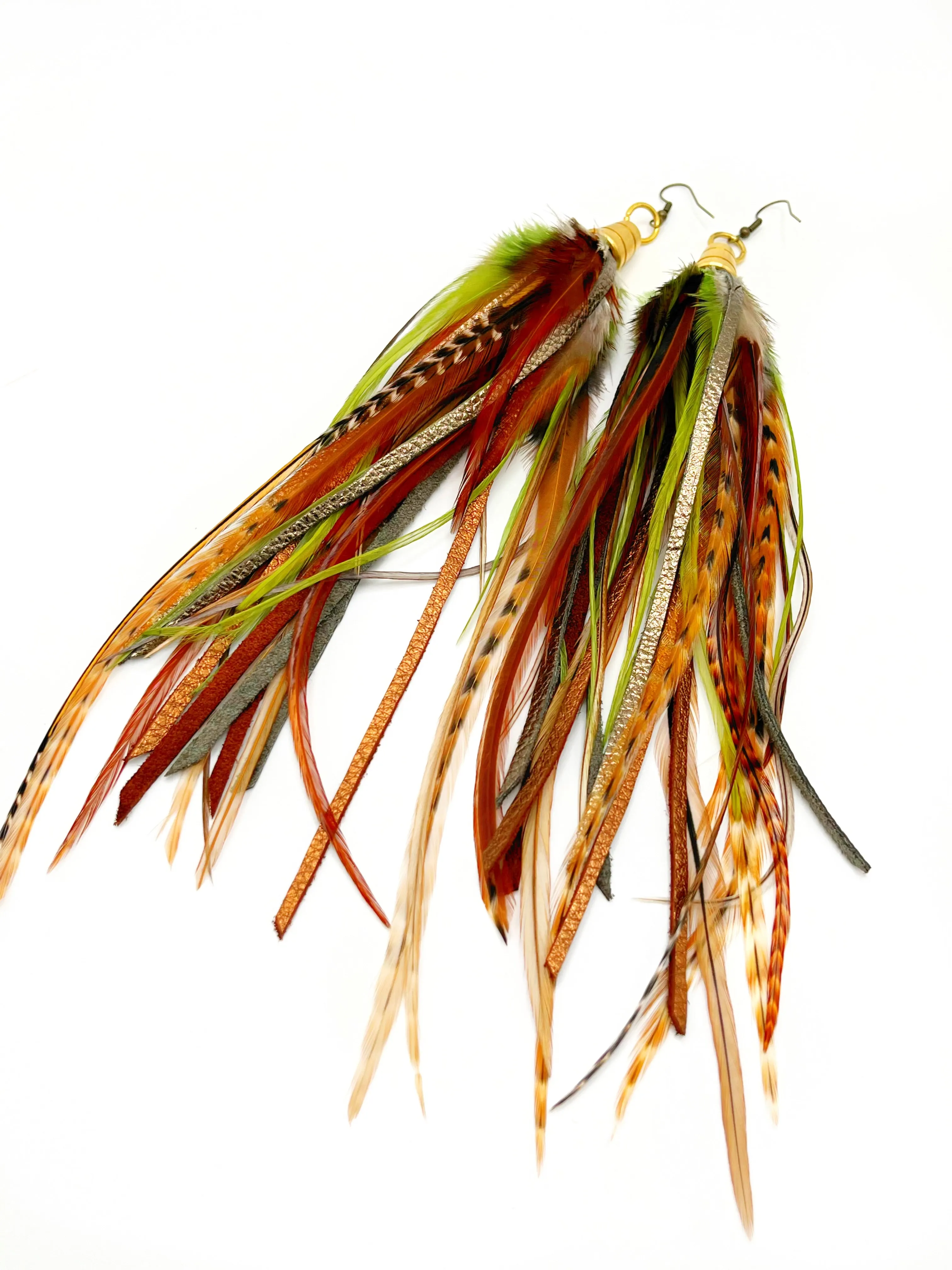 One of a Kind Long Feather & Leather Earrings - Jungle Camouflage