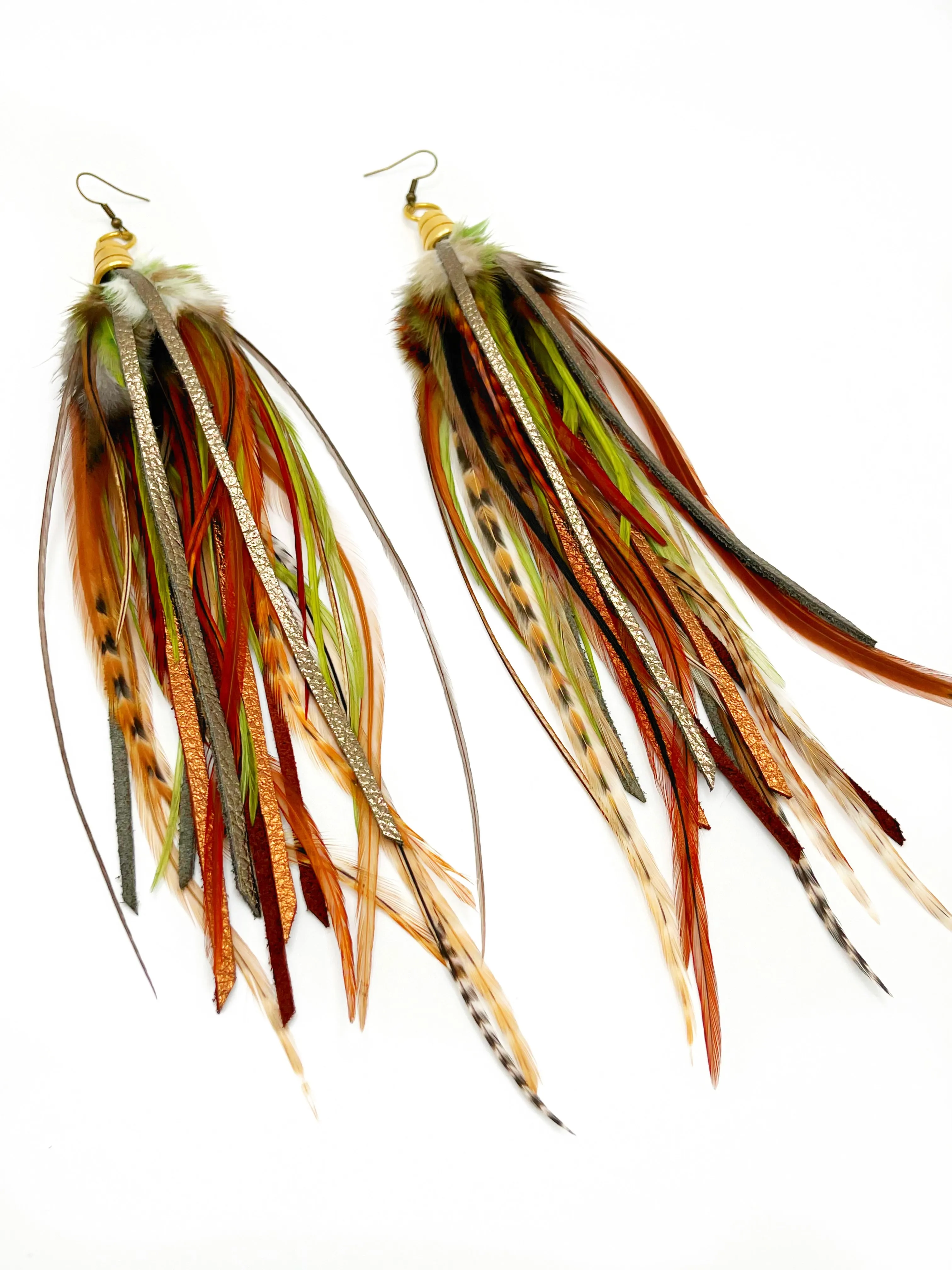 One of a Kind Long Feather & Leather Earrings - Jungle Camouflage