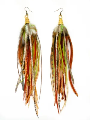 One of a Kind Long Feather & Leather Earrings - Jungle Camouflage