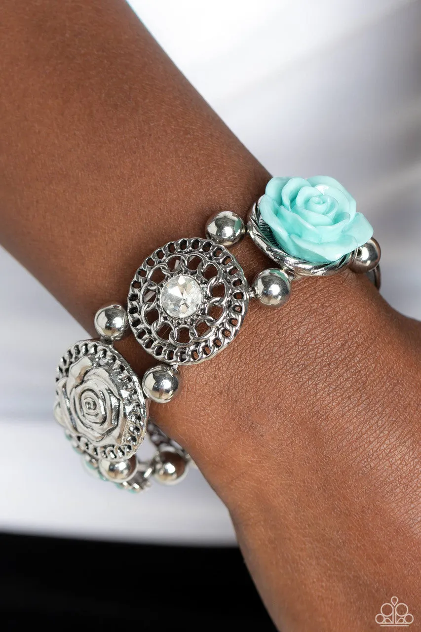 Optimistic Oasis - Blue - Resin Rose Flower White Rhinestone Filigree Paparazzi Stretchy Bracelet