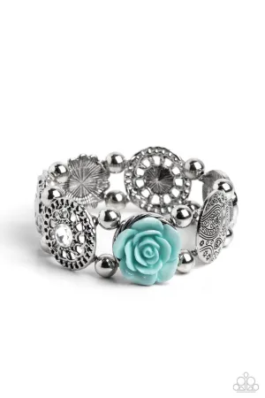 Optimistic Oasis - Blue - Resin Rose Flower White Rhinestone Filigree Paparazzi Stretchy Bracelet