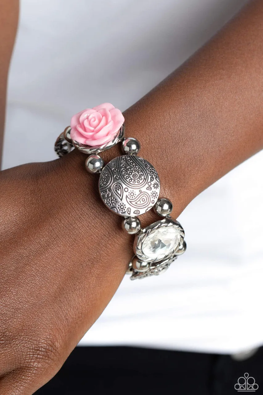 Optimistic Oasis - Pink - Resin Rose Flower White Rhinestone Filigree Paparazzi Stretchy Bracelet